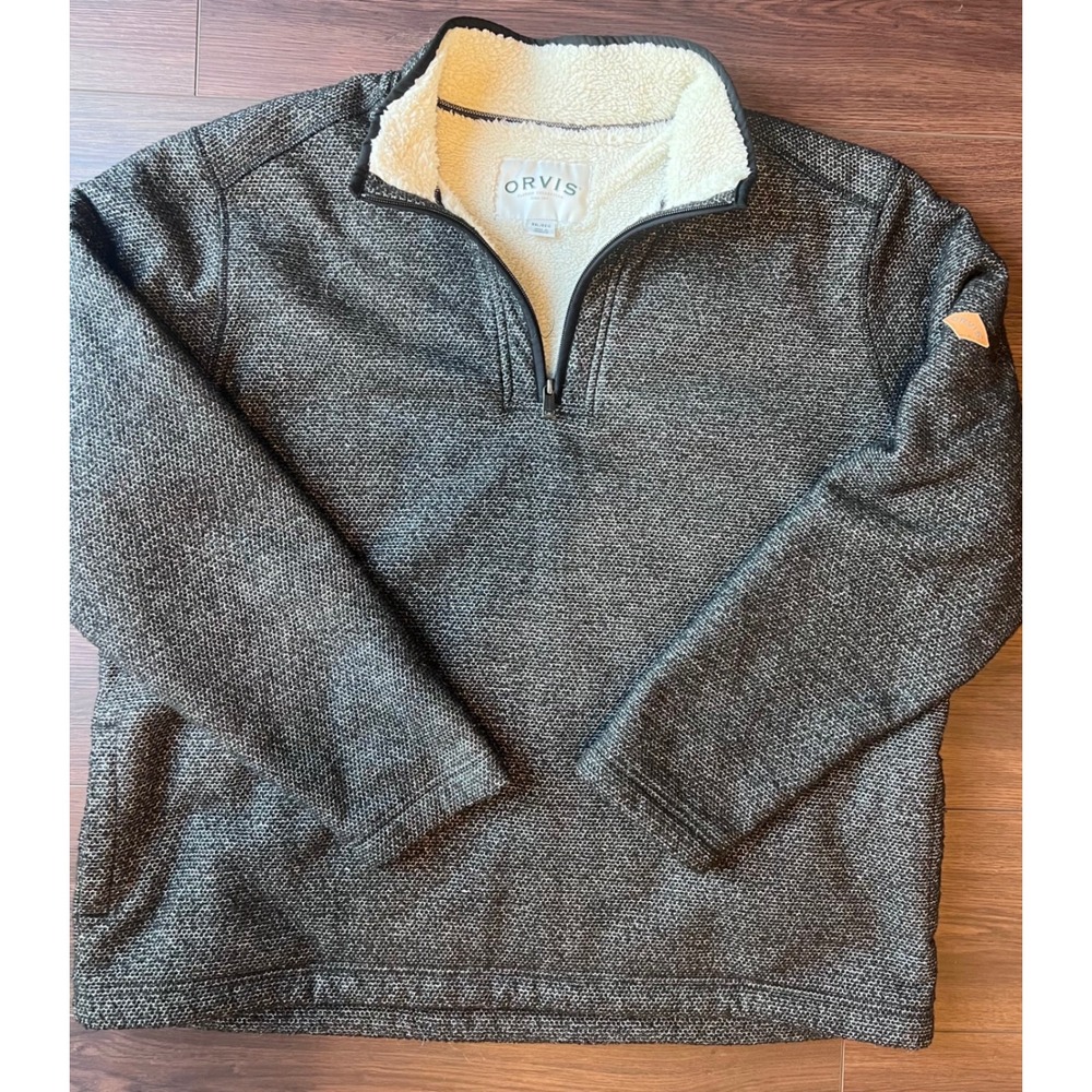Orvis Mens XXL Quarter Zip Sherpa Lined Pullover Sweater Charcoal Gray Marl